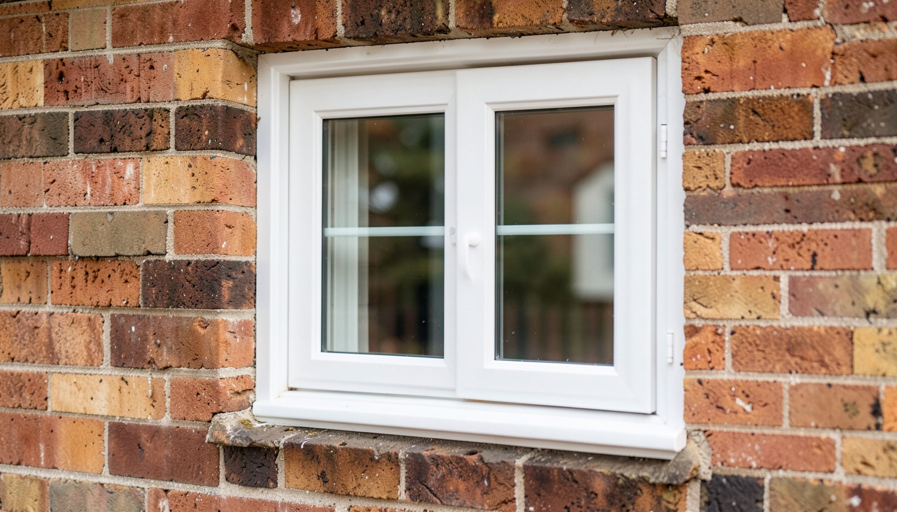 Close-up of a white UPVC casement window with double glazing, set in a warm brick wall, soft natural light