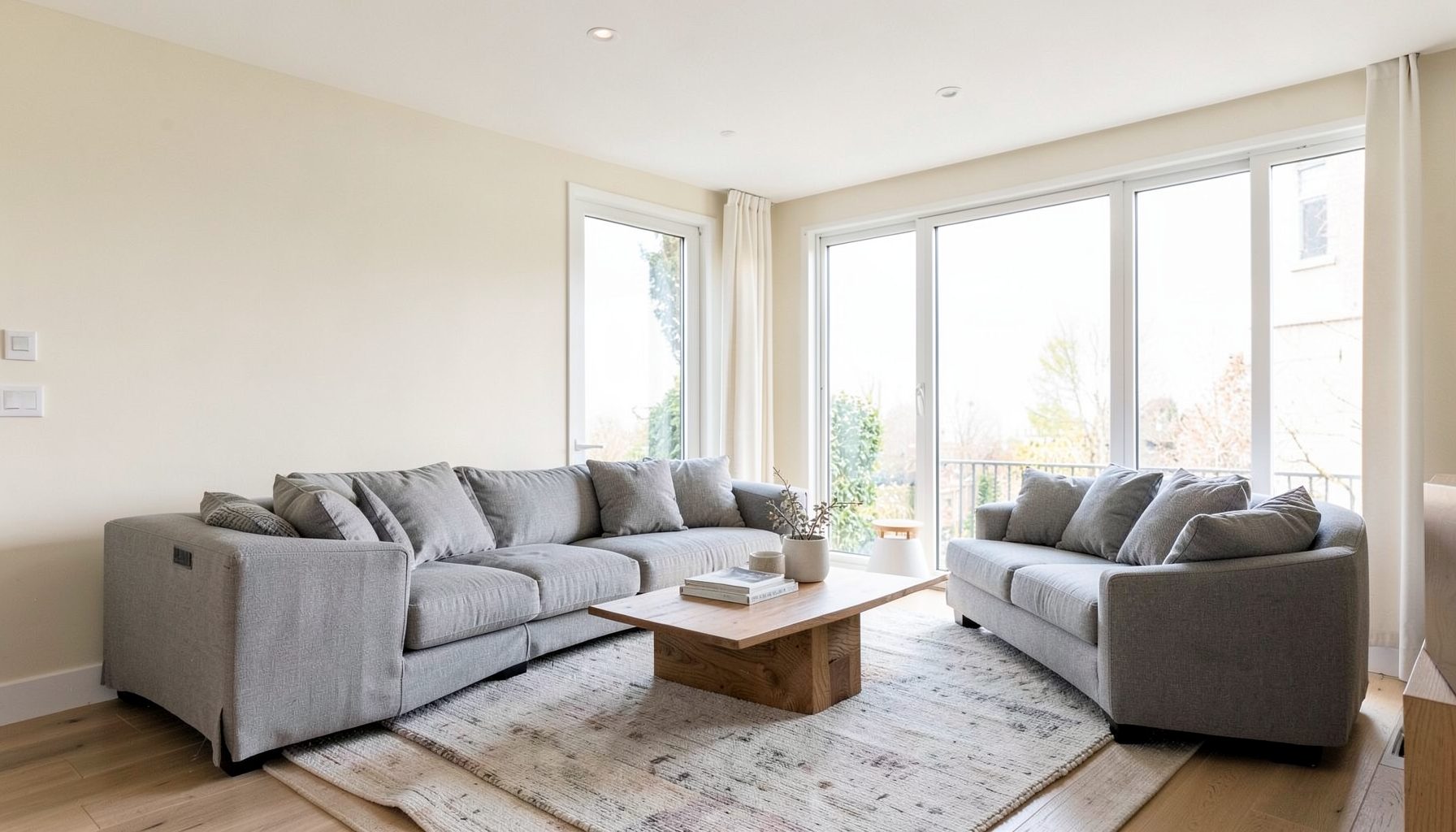 Bright modern living room with large double-glazed windows letting in natural daylight, neutral cream walls and soft grey furnishings