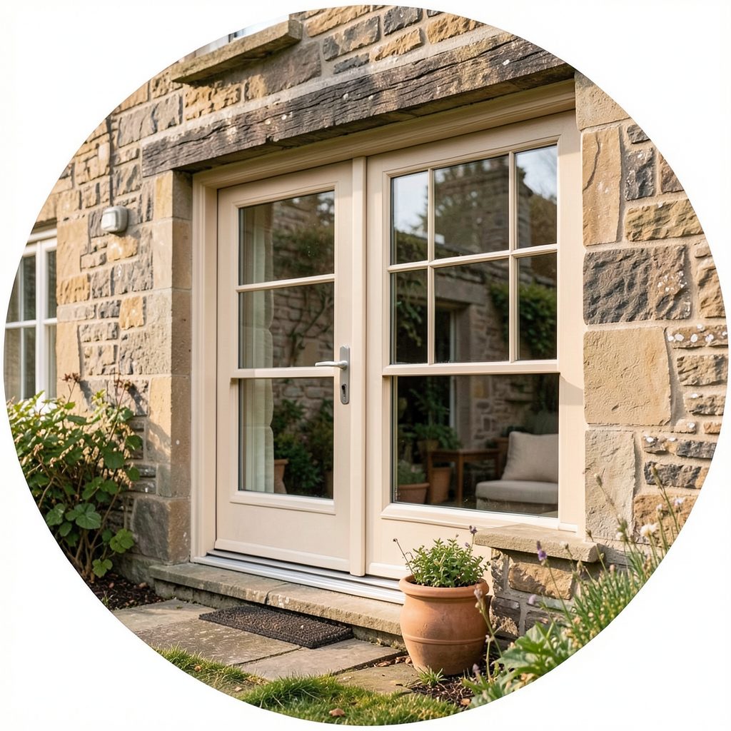 Circular image of a neatly fitted set of double-glazed windows on a Scottish home, warm neutral tones, trustworthy and professional feel