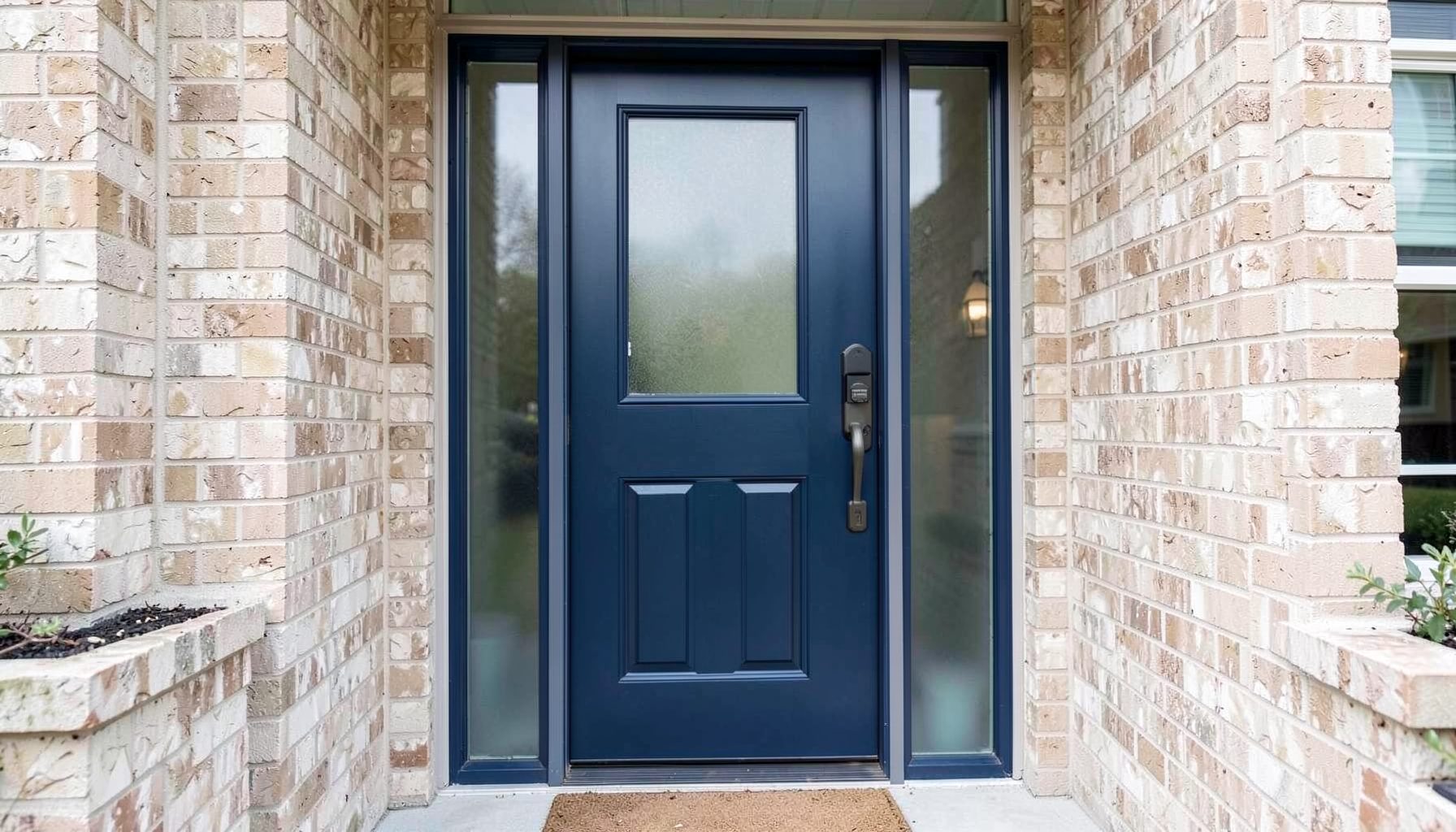 Stylish composite front door in deep navy blue with frosted glass panels, set into a light brick home exterior, welcoming and secure feel