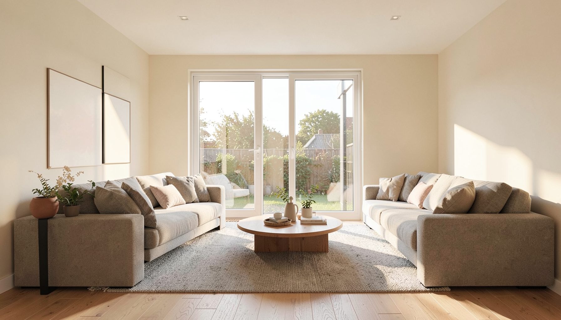 Bright modern living room with large double-glazed windows letting in warm natural sunlight, neutral cream walls and light wood flooring