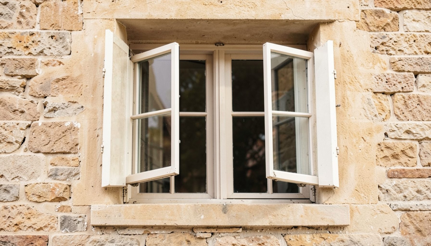 Traditional sash and case window with both upper and lower sashes partially open, set into a sandstone wall, soft natural daylight, warm neutral tones