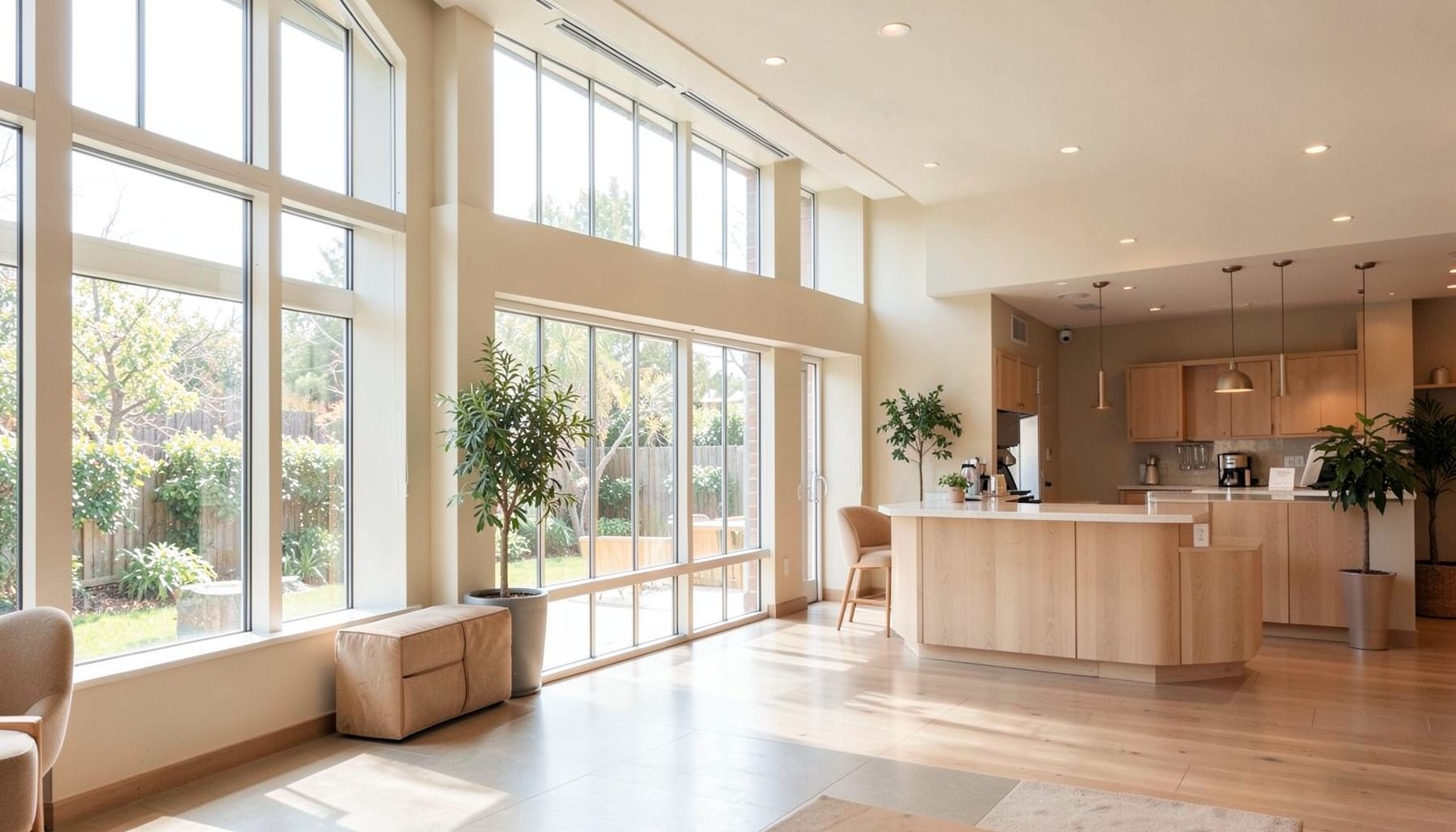 A bright, airy showroom interior with large double-glazed windows letting in natural daylight, warm neutral tones, and a welcoming reception area.