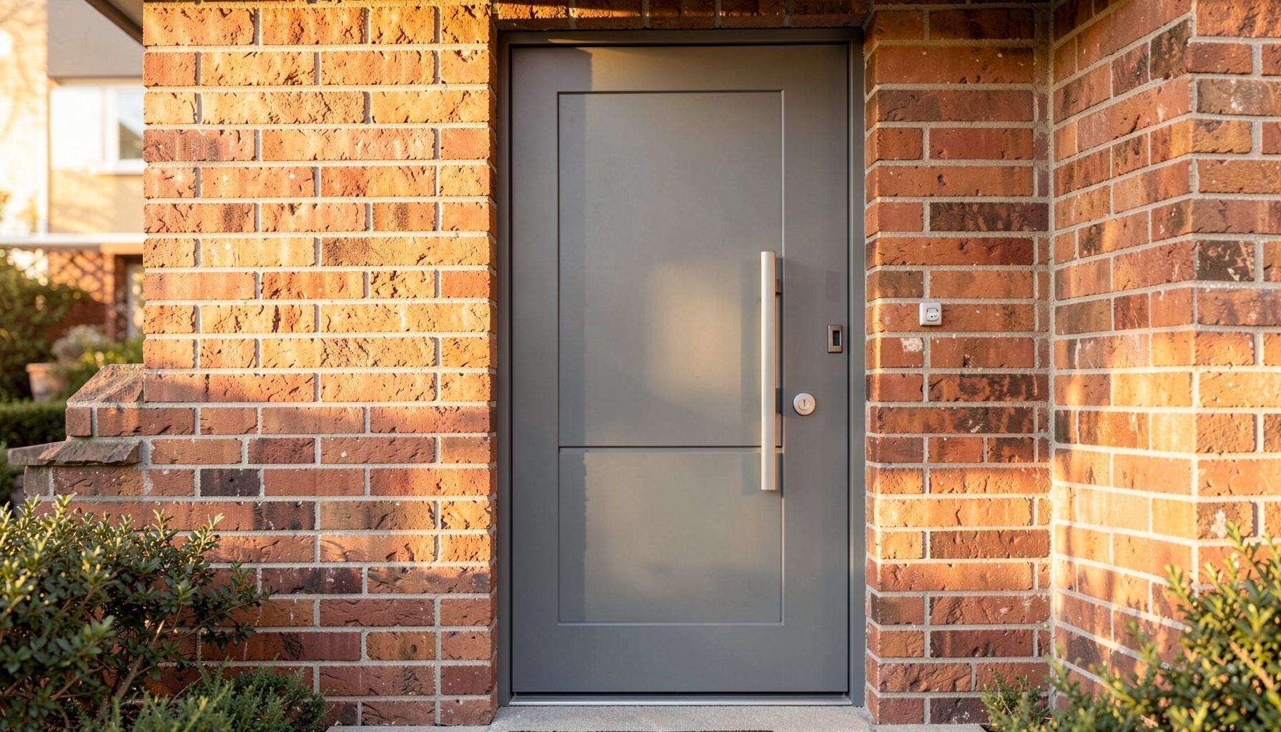 A modern grey composite front door set into a brick wall, with warm afternoon light, calm and welcoming mood