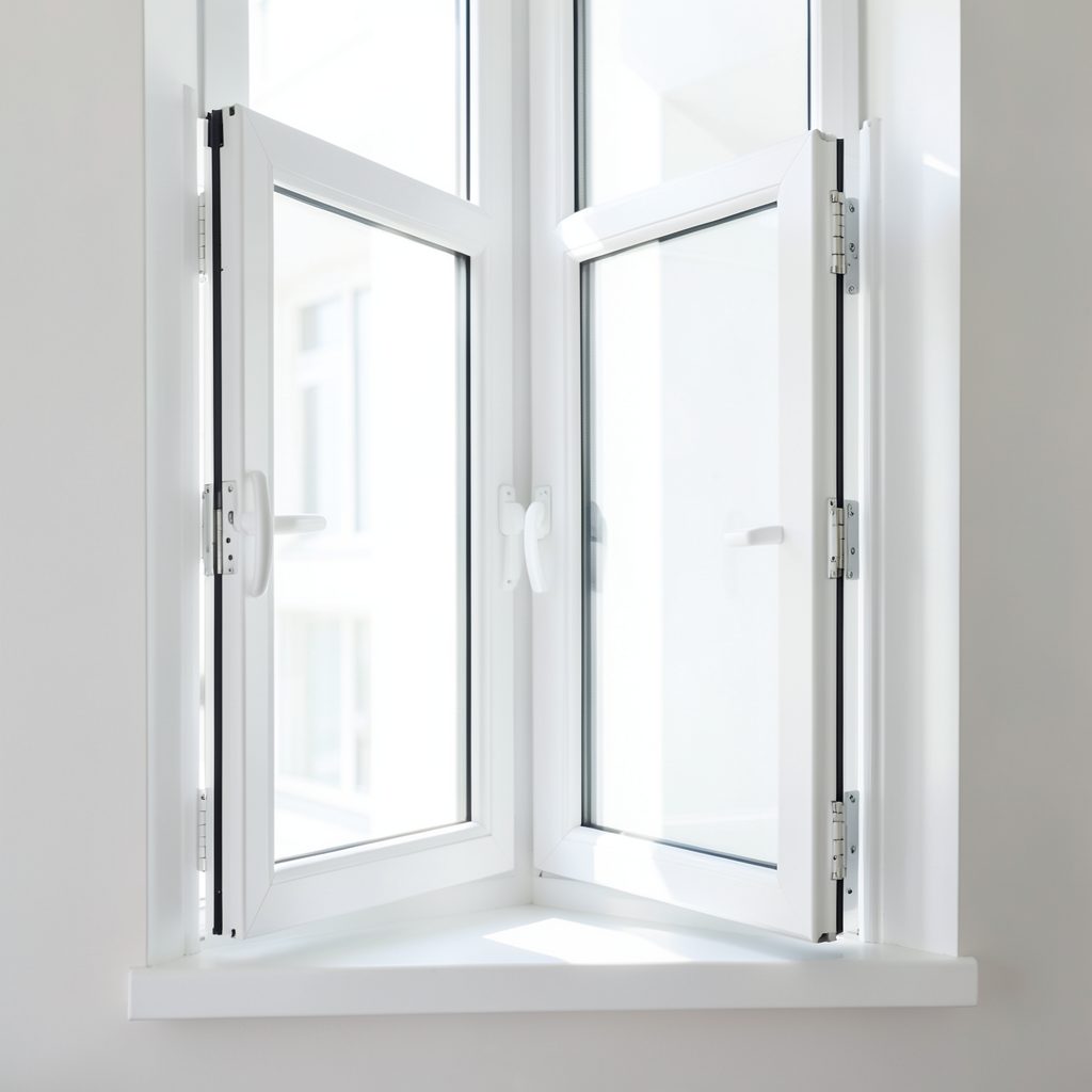 Close-up of a white sash and case window with both sashes slid open, bright interior light, clean modern finish