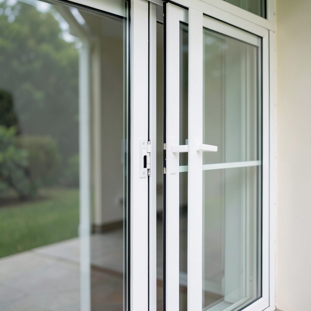 Close-up of a white sliding patio door partially open, showing clean lines and double-glazed glass panels