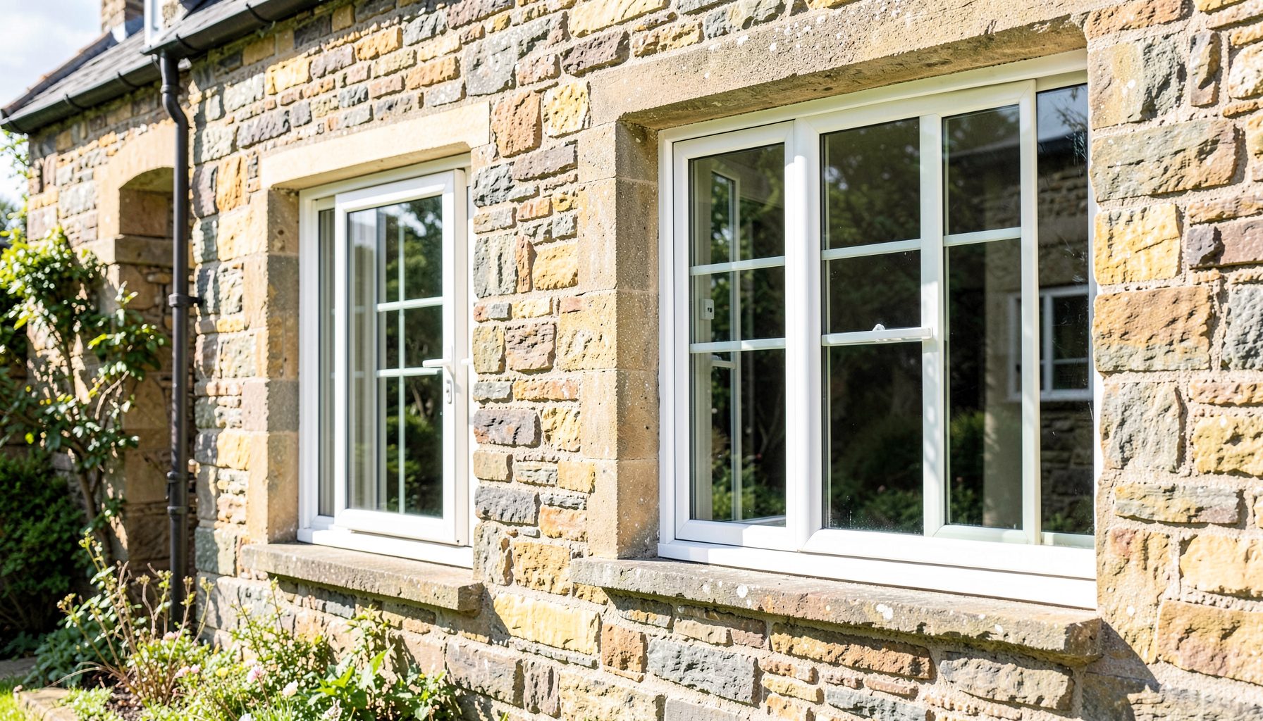 Modern white UPVC casement windows on a Scottish sandstone home exterior, bright natural daylight, clean and inviting atmosphere
