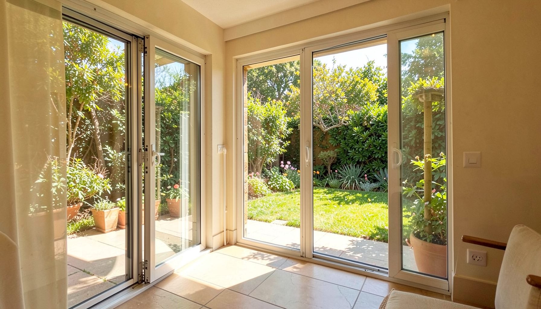 Bright sunlit patio with sliding glass doors opening onto a garden, warm natural light and greenery beyond